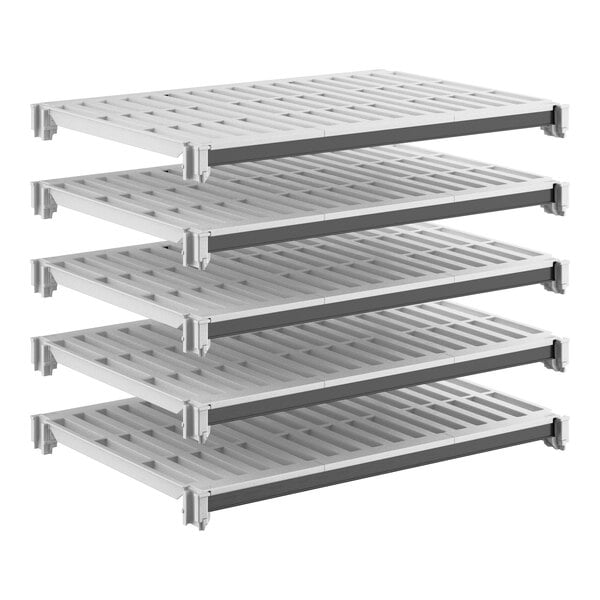 A set of five vented plastic shelving units designed for modular storage.