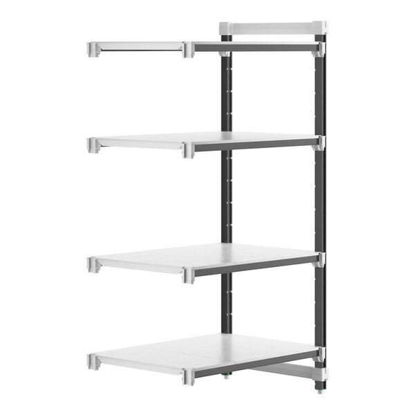 A white Cambro Camshelving Elements XTRA 4-shelf add-on unit with black metal legs.