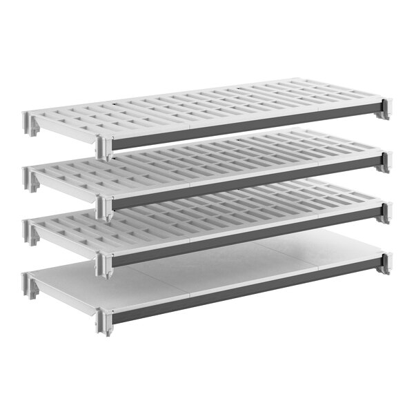 A four-shelf kit with three vented shelves and one solid shelf, designed for modular storage.