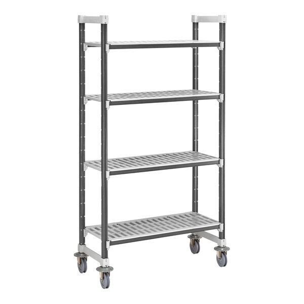 A grey metal Cambro Camshelving Elements mobile unit with four shelves and wheels.