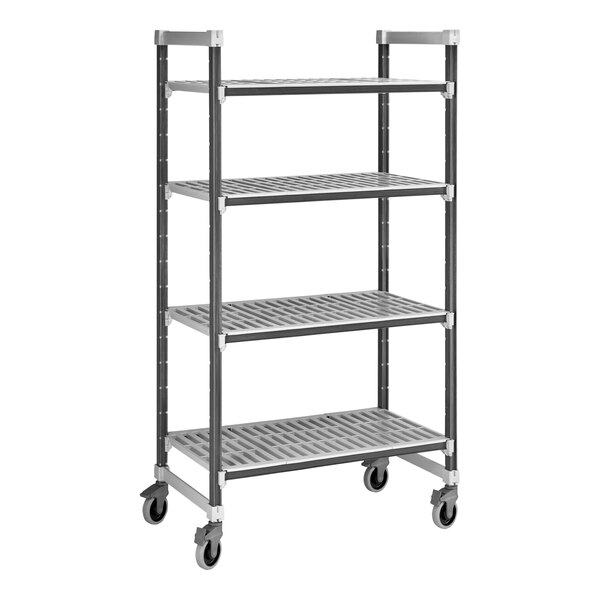 A Cambro Elements metal shelving unit with wheels and four shelves.