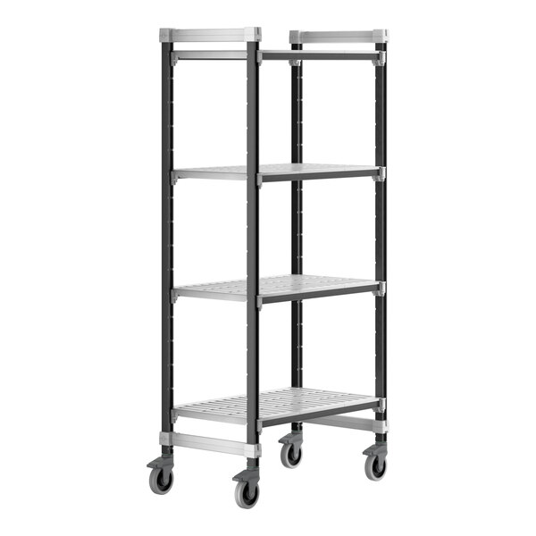 A black metal Cambro Camshelving® Elements mobile unit with four shelves on wheels.