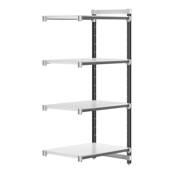 A white Cambro Camshelving Elements XTRA 4-shelf add-on unit with black legs.