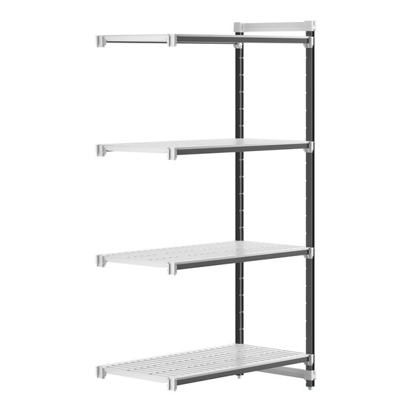 A white Camshelving Elements XTRA add-on unit with vented shelves.