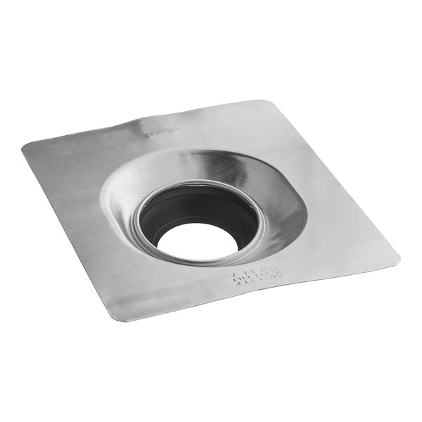 A silver metal Oatey No-Calk roof flashing with a hole in the center.