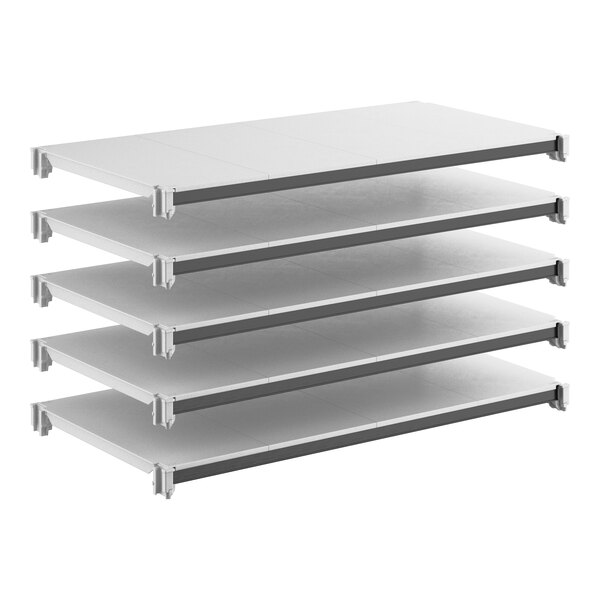 A set of five solid rectangular shelving units designed for storage, shown in a stacked arrangement.