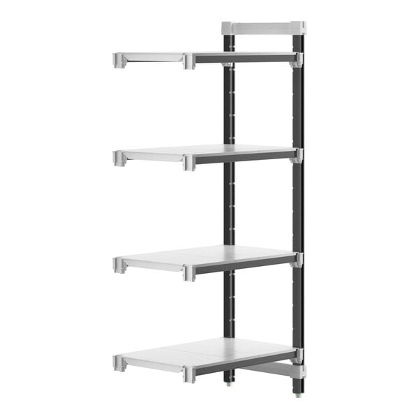 A white Cambro Camshelving Elements add-on unit with black legs and four shelves.