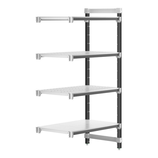 A white Cambro Camshelving® Elements XTRA 4-shelf add-on unit with black metal legs.