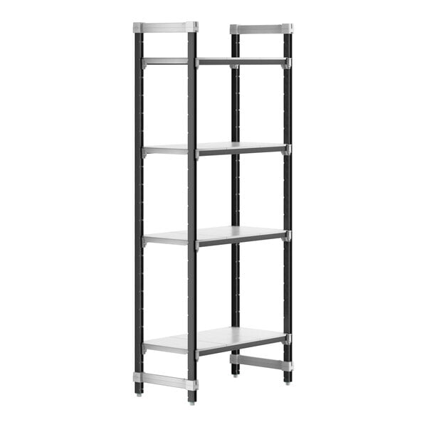A black metal Cambro Camshelving Elements starter unit with four shelves.