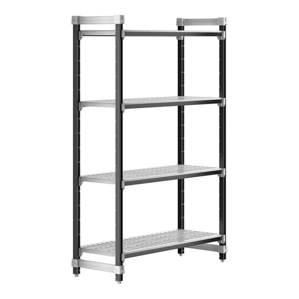 A black metal Cambro Camshelving® Elements XTRA starter unit with 4 shelves.