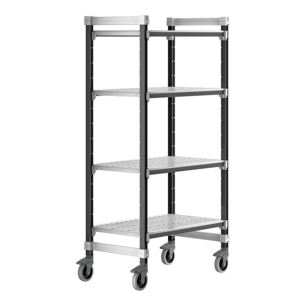 A black metal Camshelving® unit with four vented shelves on wheels.