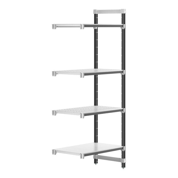 A white and black Cambro Camshelving Elements XTRA 4-shelf combo add-on unit.