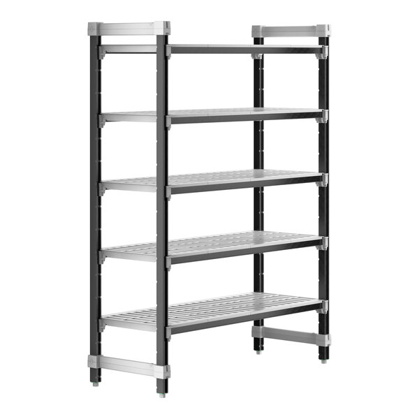 A white Cambro Camshelving unit with four vented shelves.