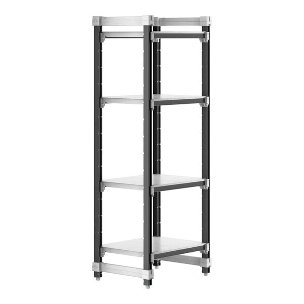 A black and silver Cambro Camshelving® Elements XTRA 4-shelf unit.