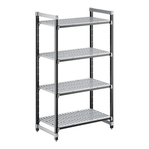 A grey metal Cambro Camshelving® Elements XTRA 4-shelf unit.