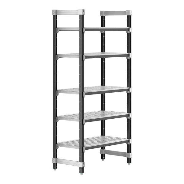 A black and silver Cambro Camshelving® Elements 5-shelf unit.