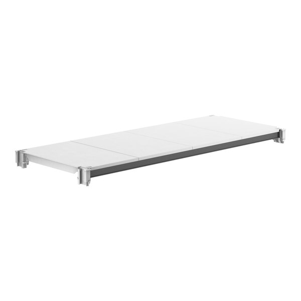 A white rectangular Camshelving® shelf with metal legs and a gray border.