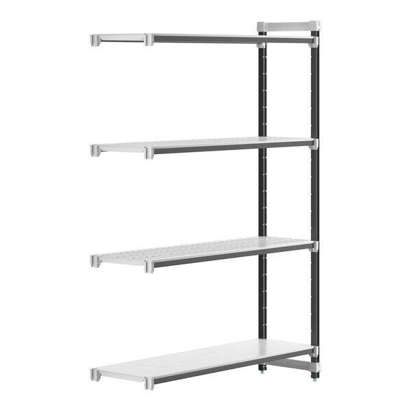 A white and black Cambro Camshelving Elements XTRA 4-shelf add-on unit.