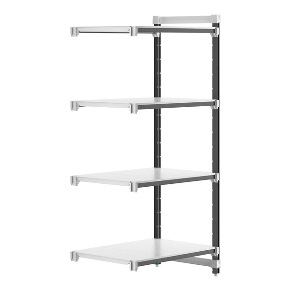 A white Camshelving® Elements add-on unit with 4 shelves and black legs.