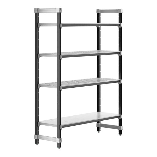 A black metal Cambro Camshelving® Elements XTRA 4-shelf starter unit.