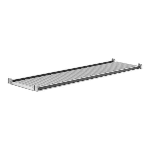 A grey metal Cambro Camshelving Elements shelf with metal rails.