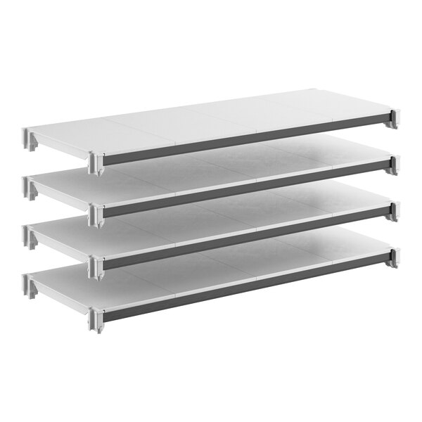 A set of four solid rectangular shelving units designed for storage, shown in a stacked arrangement.