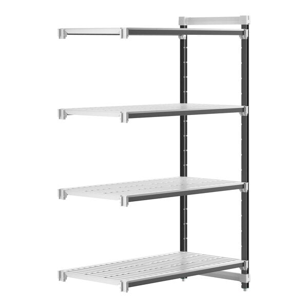A white Cambro Camshelving Elements XTRA add-on unit with 4 shelves.