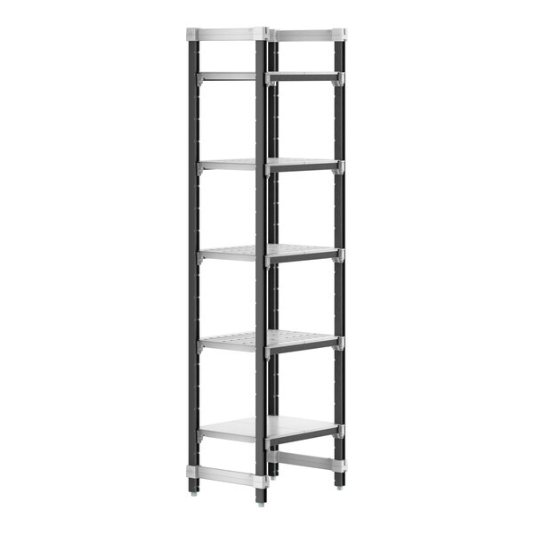 A black and silver Cambro Camshelving® Elements XTRA 5-shelf starter unit.
