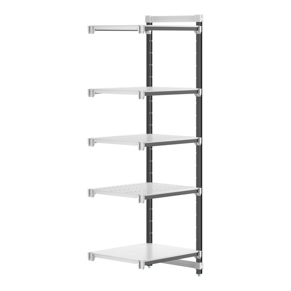 A white Cambro Elements XTRA Camshelving unit with black metal shelves.