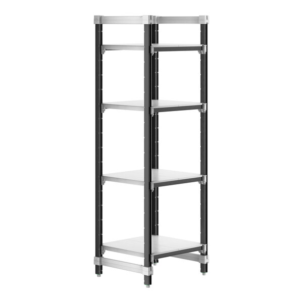 A black and silver Cambro Camshelving® Elements XTRA 4-shelf starter unit.