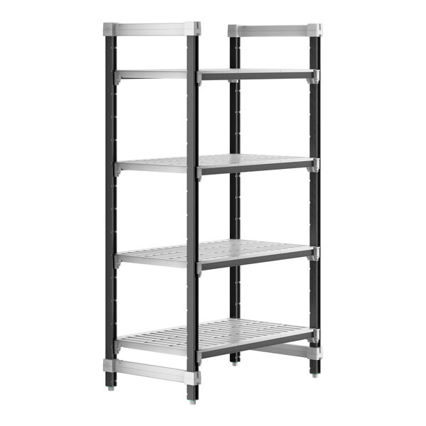 A metal Cambro Camshelving Elements starter unit with four shelves.