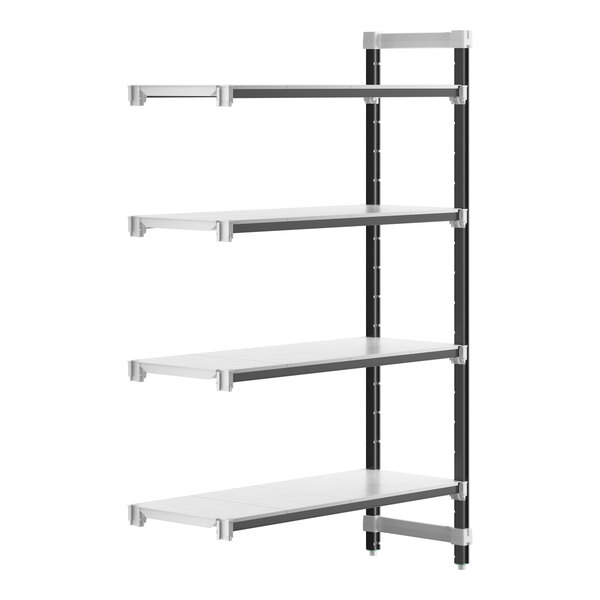 A white and black Cambro Camshelving® Elements XTRA add-on unit with four shelves.