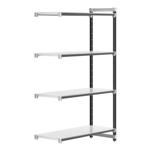 A white and black Cambro Camshelving® Elements XTRA add-on unit with four shelves.