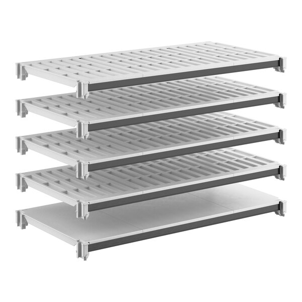 A set of five gray shelving units designed for storage, with four vented shelves and one solid shelf.