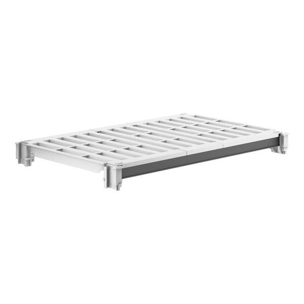 A white plastic Cambro Camshelving® shelf with black vents.