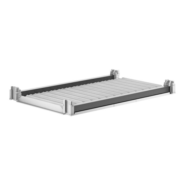 A metal shelf with a white frame and vented shelves.