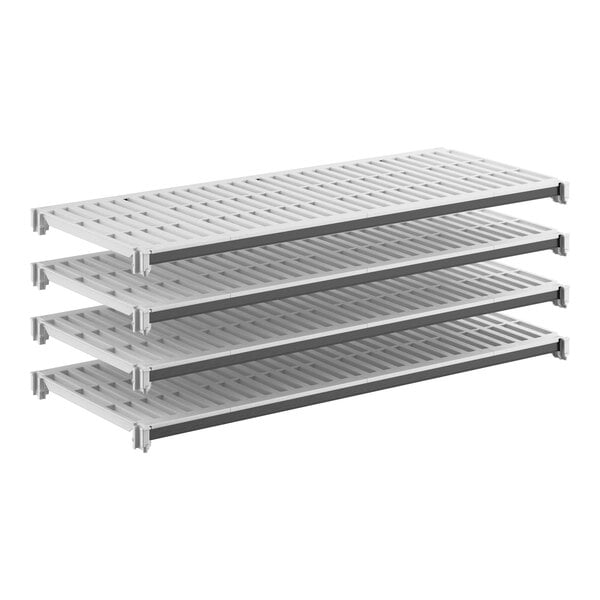 A set of four vented shelving panels designed for modular storage systems.