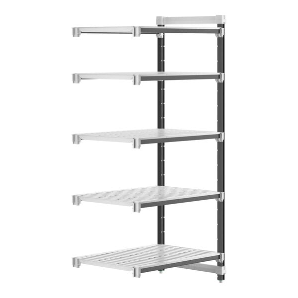 A white Cambro Camshelving Elements add-on unit with 5 vented shelves and black legs.