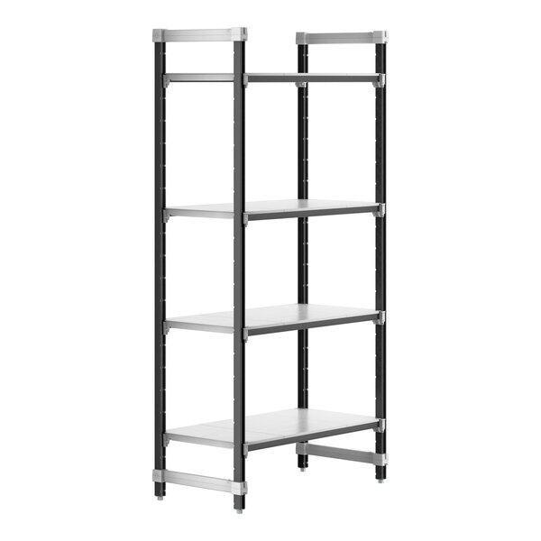 A black metal Cambro Camshelving® Elements unit with four shelves.