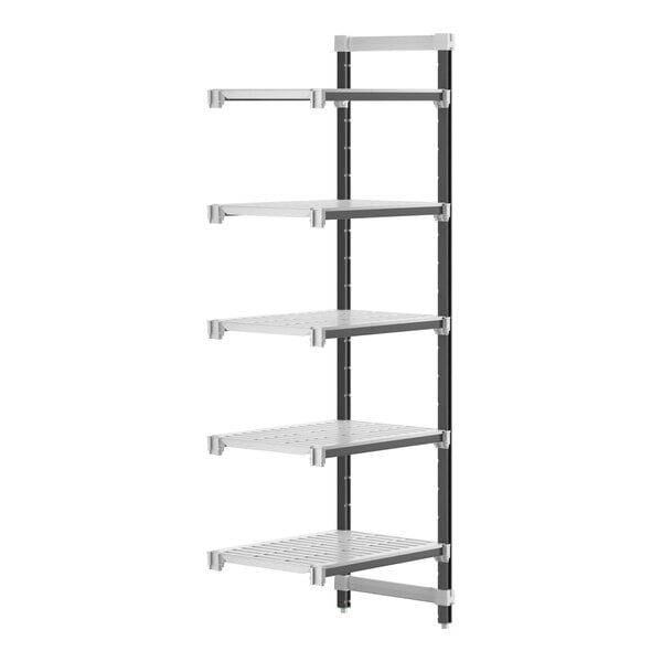A white metal Camshelving® Elements Add-On Unit with 5 shelves and black legs.