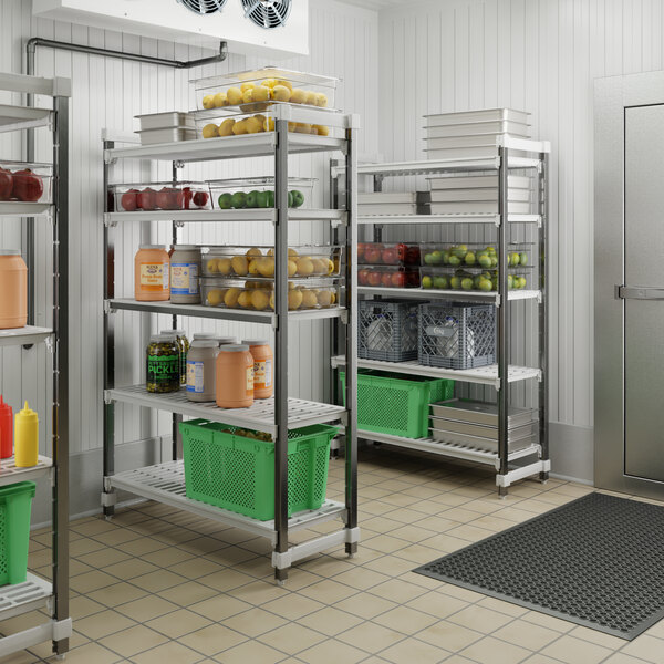 A large, five-shelf vented storage rack unit used for organizing food and supplies in a commercial kitchen or storage area.