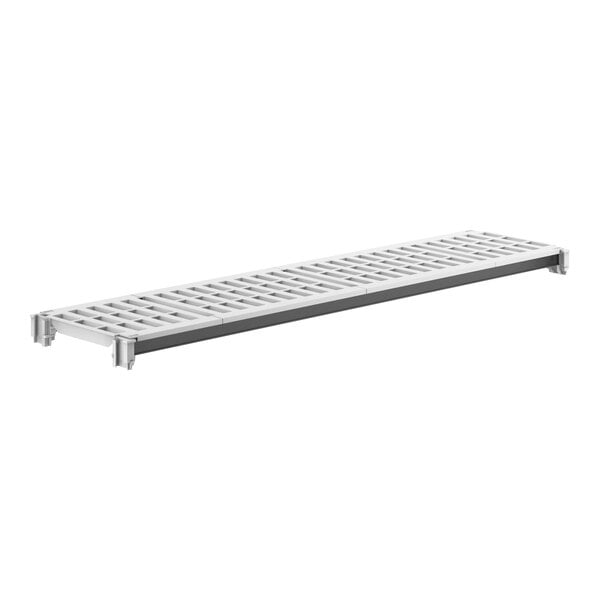 A white metal Camshelving shelf with vented rectangular holes.