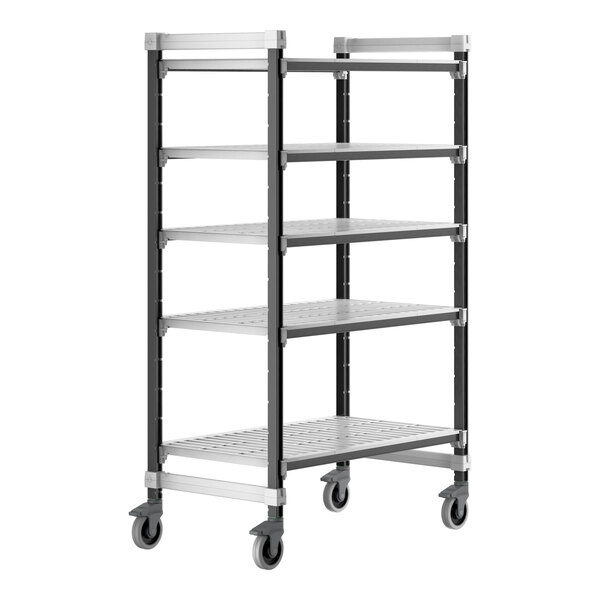 A Cambro Camshelving® Elements XTRA 5-Shelf Mobile Unit with wheels.