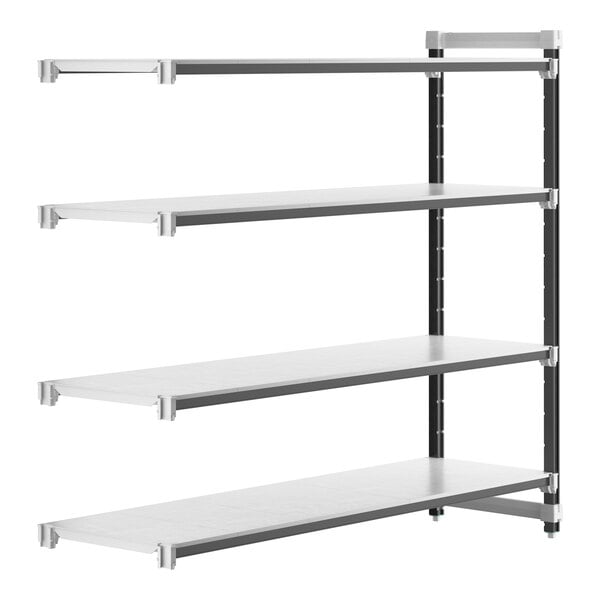 A white metal Cambro Camshelving® Elements add-on unit with four shelves.