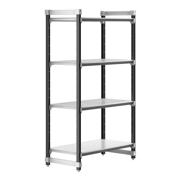 A metal shelving unit with four Cambro Elements shelves.