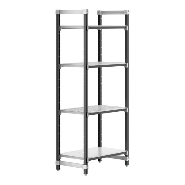 A black and silver Cambro Camshelving Elements XTRA 4-shelf unit.