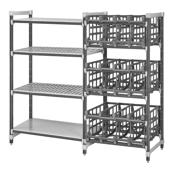 A grey metal Cambro Camshelving Elements XTRA stationary add-on unit for full-size cans.