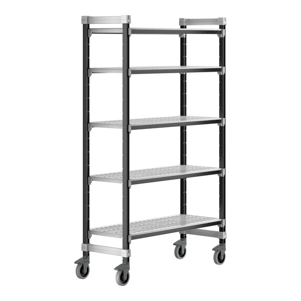 A black metal Cambro Camshelving Elements mobile unit with vented shelves and wheels.
