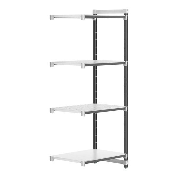 A white Cambro Elements XTRA Camshelving add-on unit with gray shelves.