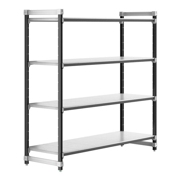 A metal shelving unit with four metal shelves.